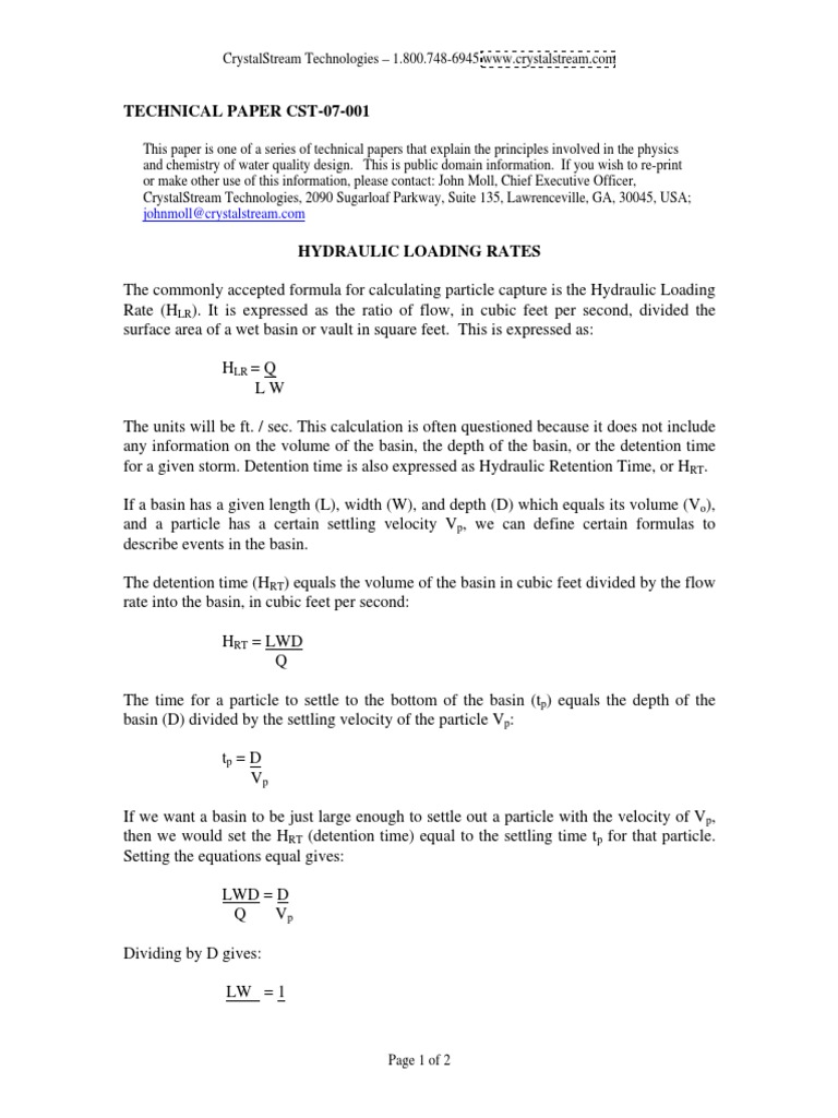 Hydraulic Loading Rates Volume Velocity