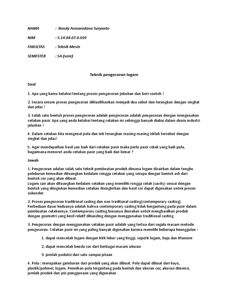 Soal Pengecoran Logam