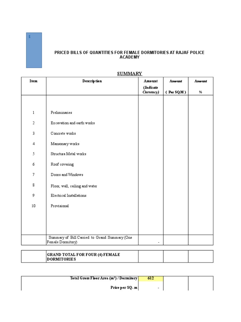 Bill Of Quantities Template Excel Electrical Wiring Plumbing
