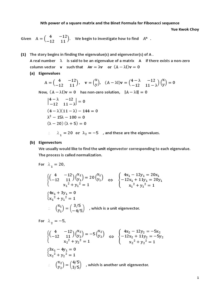 NTH Power of A Square Matrix | PDF | Eigenvalues And Eigenvectors ...