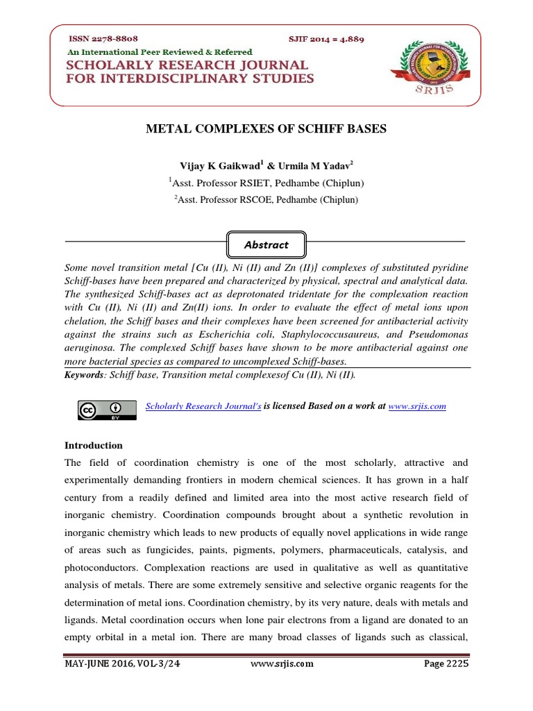 Metal Complexes of Schiff Bases | PDF | Coordination Complex | Ligand