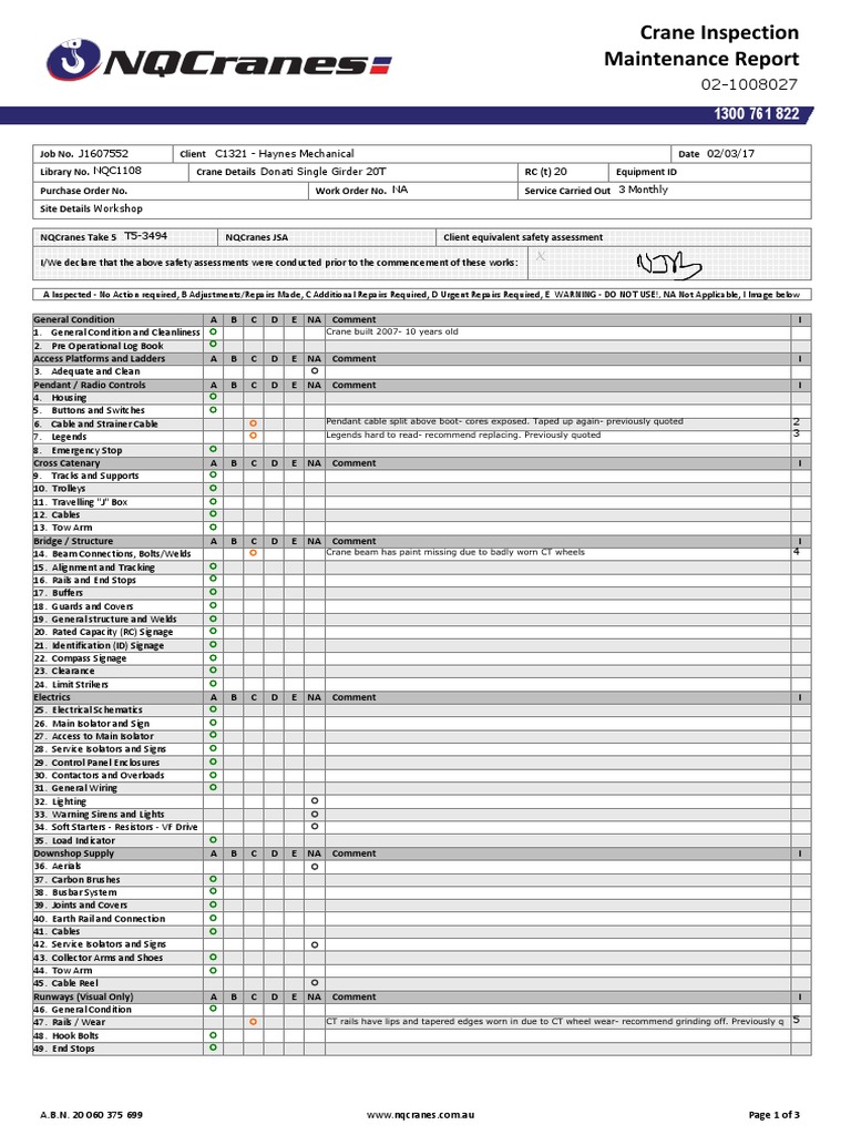 20170302 Single Hoist Crane Inspection Report 021008027_J1607552