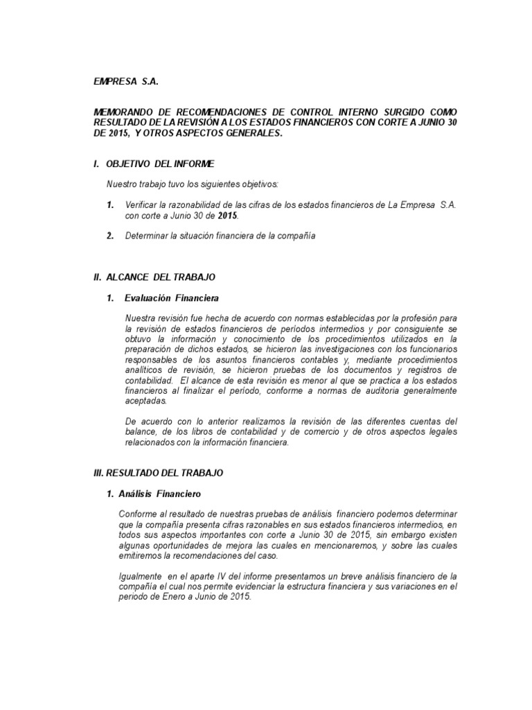 Ejemplo de informe financiero doc Estado Financiero Contabilidad