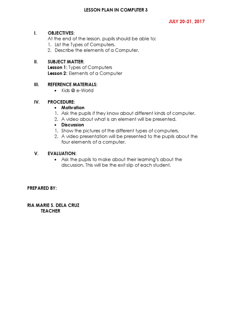 Computer Types and Elements Lesson Plan | PDF | Social Science | Art