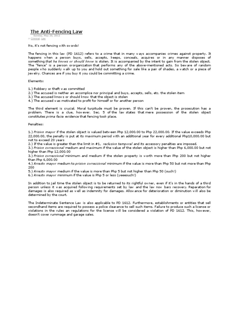 Anti Fencing Law PDF Theft Crime & Violence