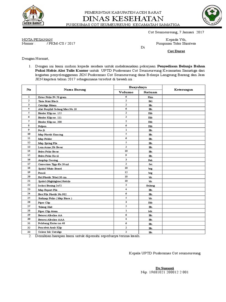 Nota Pesanan Barang ATK Bulan Janua