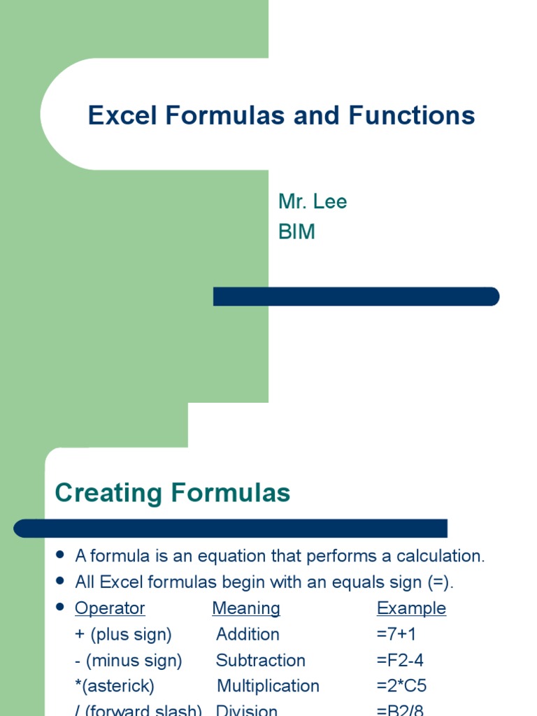 Excel Formulas and Functions: Mr. Lee BIM | PDF