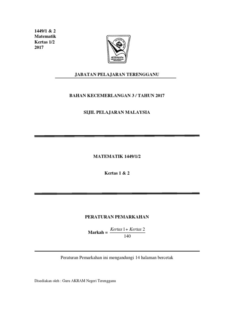 Skema Percubaan Terengganu Maths Spm 2017 Pdf