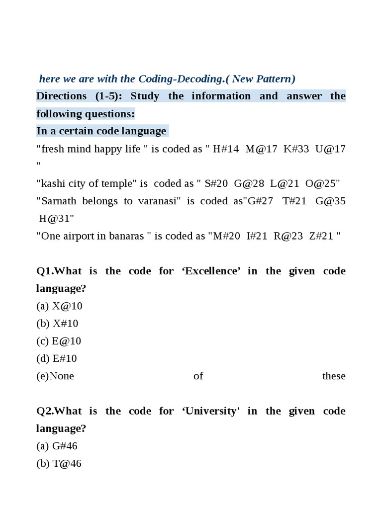 SOLUTION: Coding Decoding Questions Ssc Exams Studypool