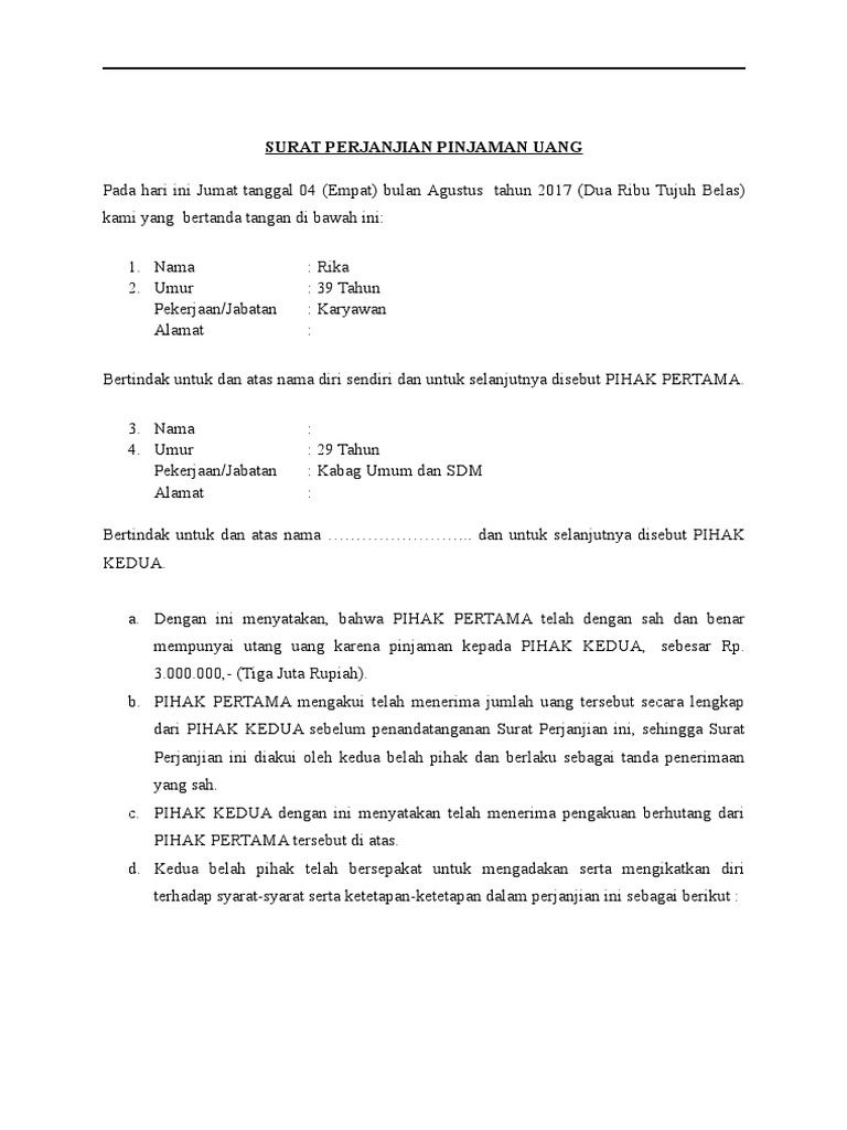 Contoh Surat Perjanjian Pinjaman Uang | PDF