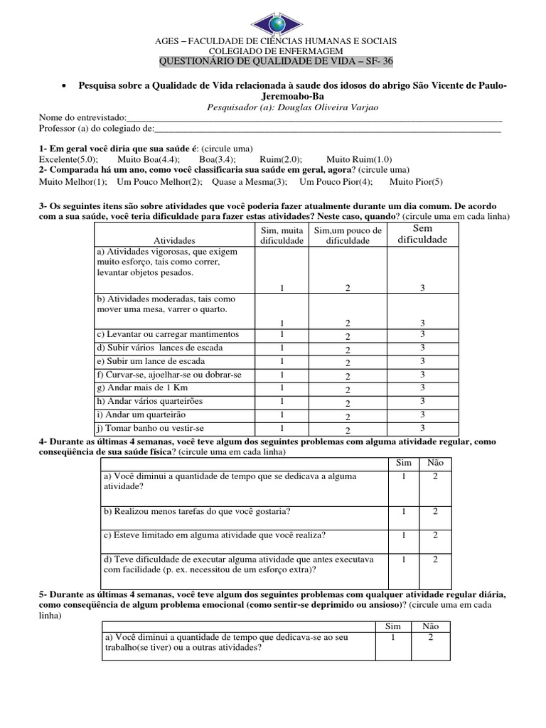 Questionário de Qualidade de Vida do Idoso | PDF | Depressão | Bem-estar