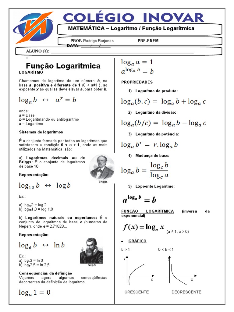 PRÉ ENEM Inovar - Logarítmo | Logaritmo | Matemática | Avaliação ...