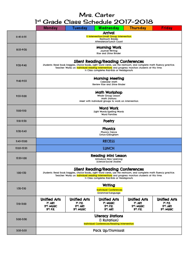 1st Grade Class Schedule 2017-2018 | PDF