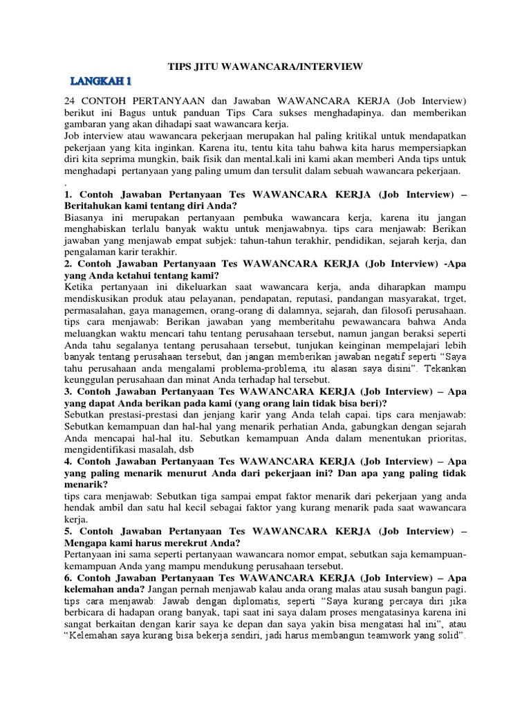 24 Contoh Pertanyaan Dan Jawaban Wawancara Kerja | PDF