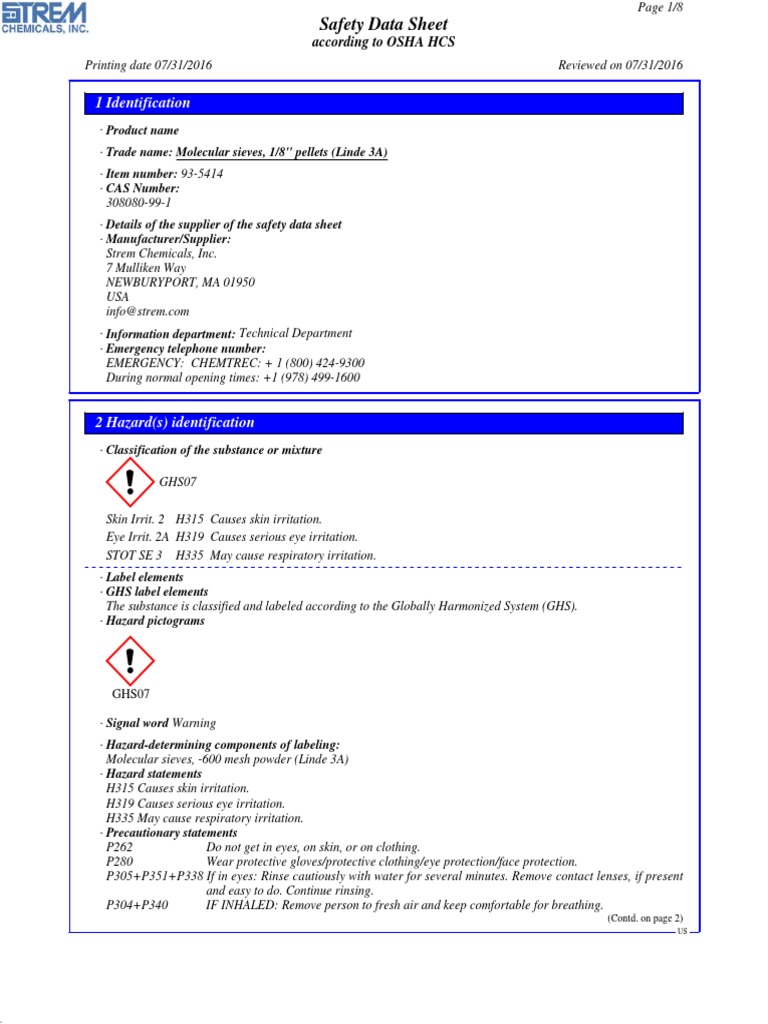 Safety Data Sheet for Molecular Sieves, 1/8'' Pellets (Linde 3A) PDF