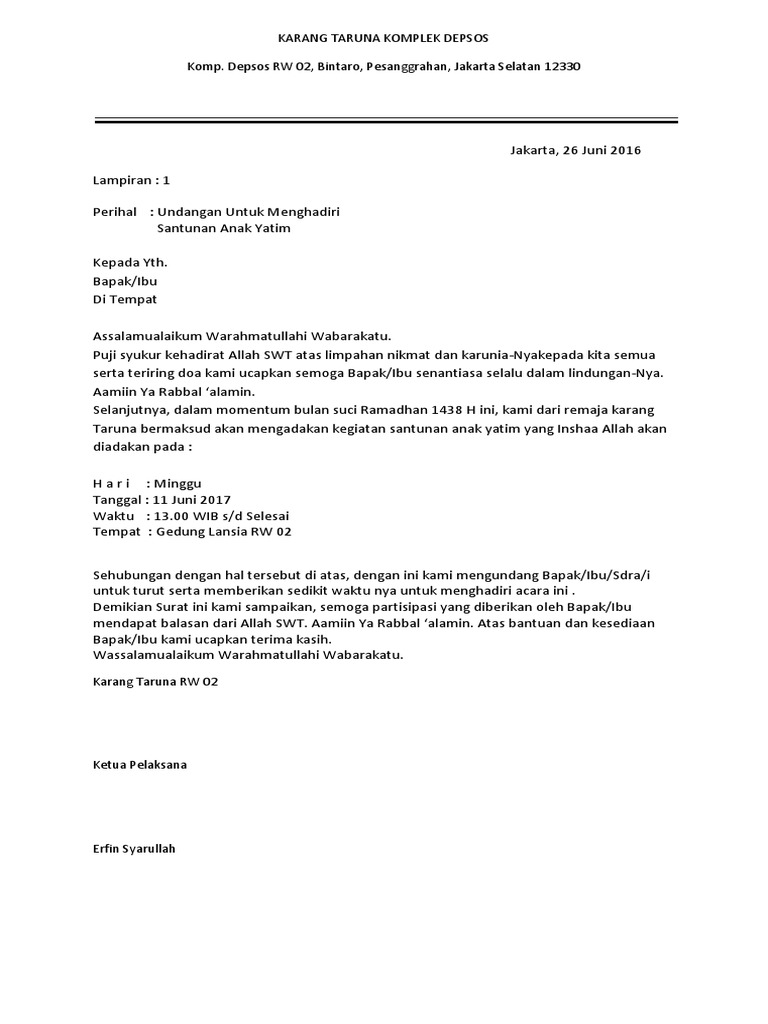 Contoh Surat Undangan Santunan Anak Yatim
