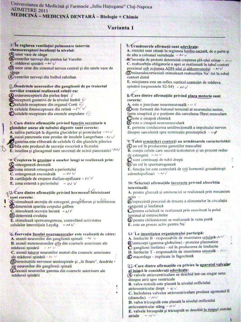 Subiect Admitere Medicina Cluj 2011