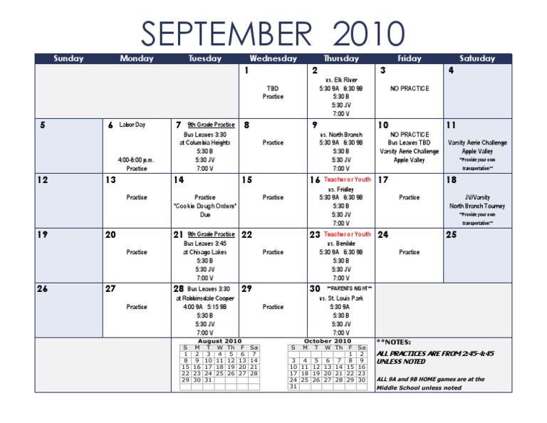Sept 2010 Calendar | PDF | Leisure | Sports