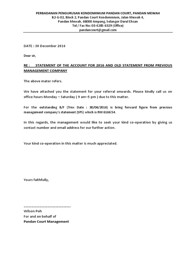 RE: Statement of The Account For 2016 and Old Statement From Previous ...