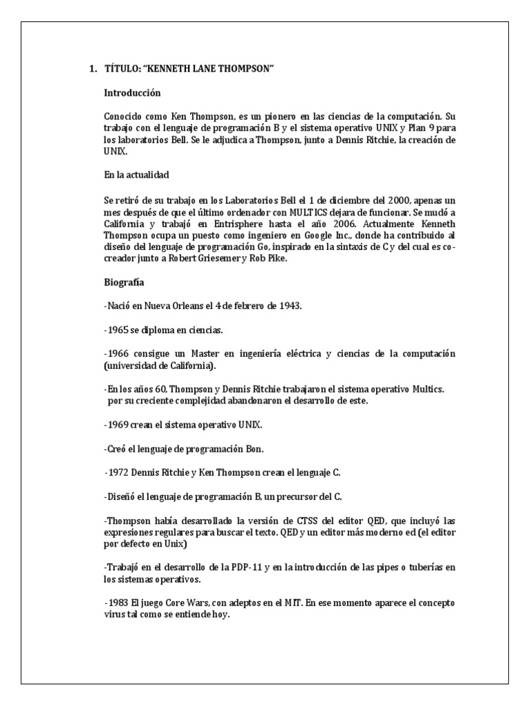 Aportes de Ken Thompson a UNIX y programación | PDF | Ciencia y ...