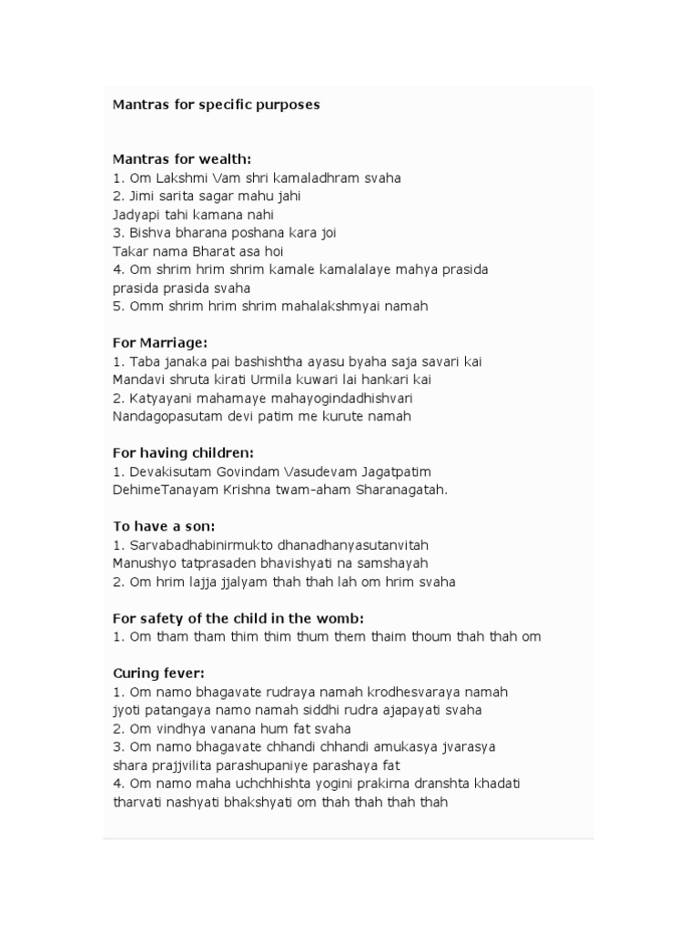 Mantras For Specific Purposes | PDF | Devi | Mantra