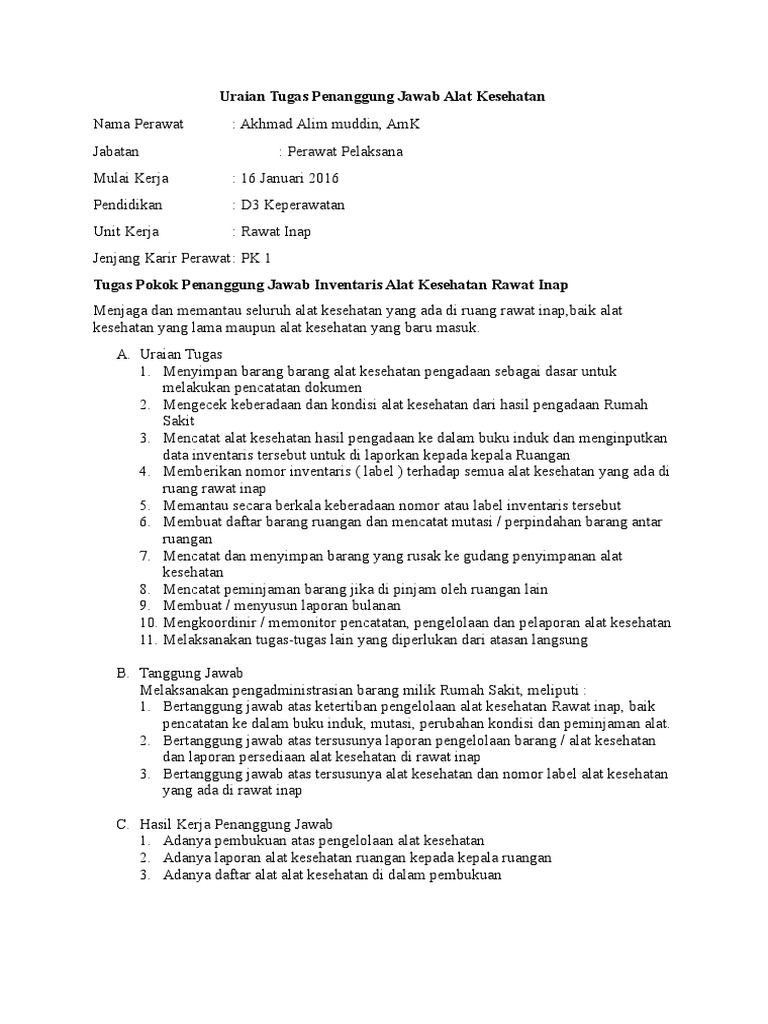 Uraian Tugas Penanggung Jawab Alat Kesehatan - Memilih Soal