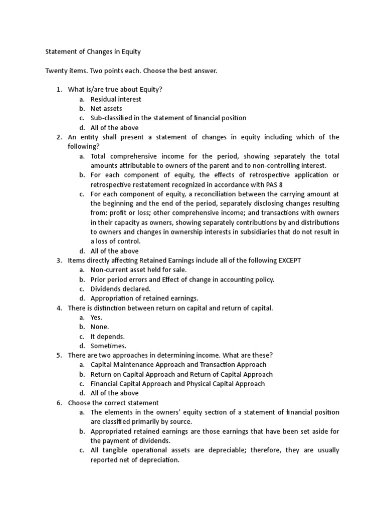 Statement of Changes in Equity MCQ PDF Retained Earnings Equity