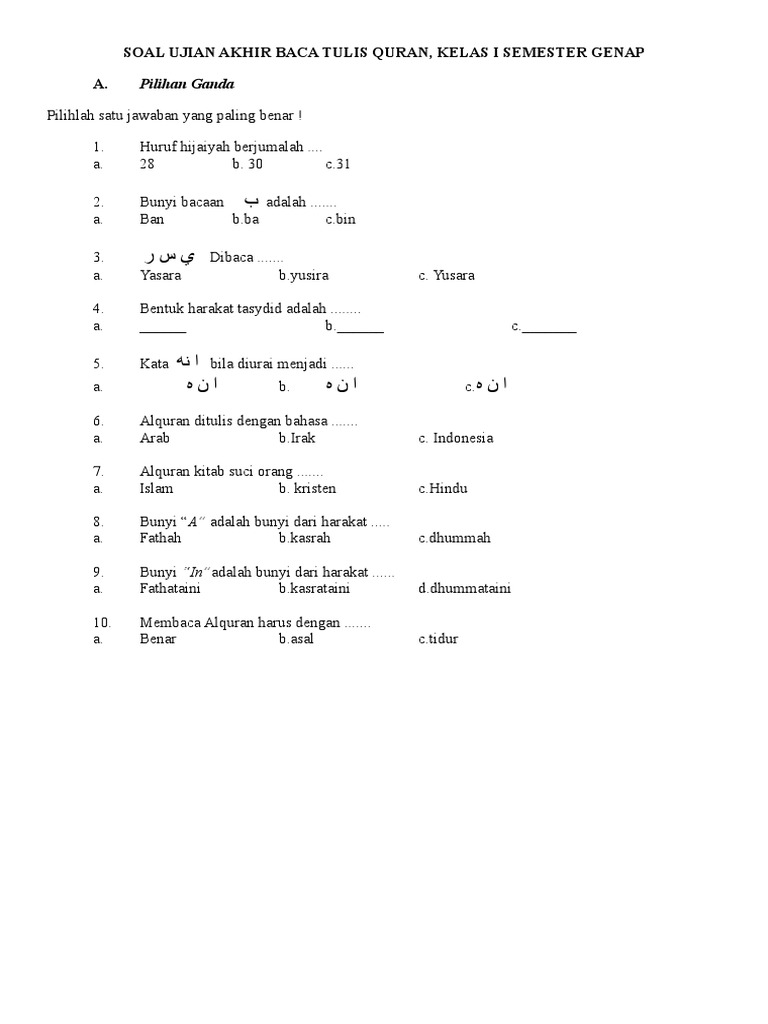 Soal Ujian Btq Kelas 1 Genap Pdf