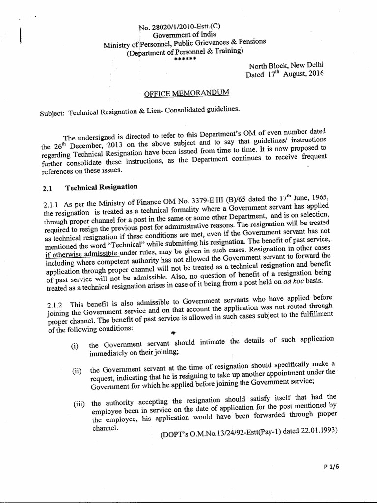 Technical Resignation Guidelines for Govt Employees | PDF | Lien | Delhi