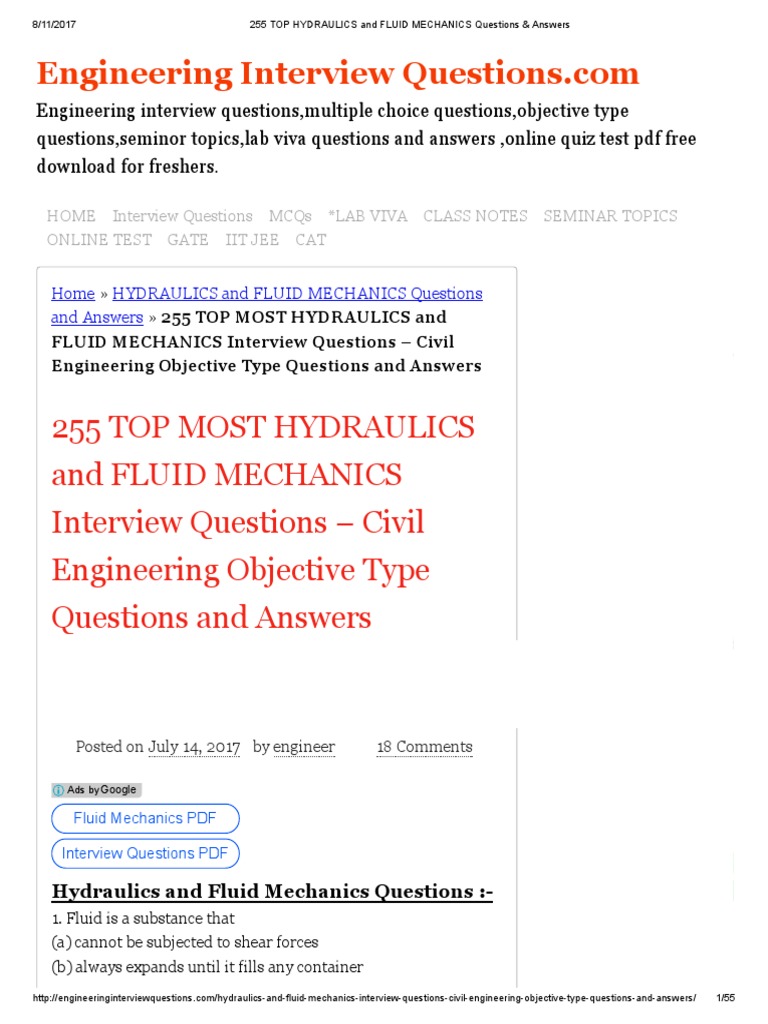 Hydraulics and Fluid Mechanics Questions & Answers | PDF | Buoyancy ...