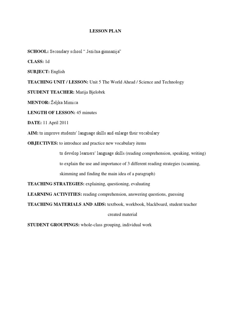 Science and Technology Lesson Plan PDF Reading Comprehension