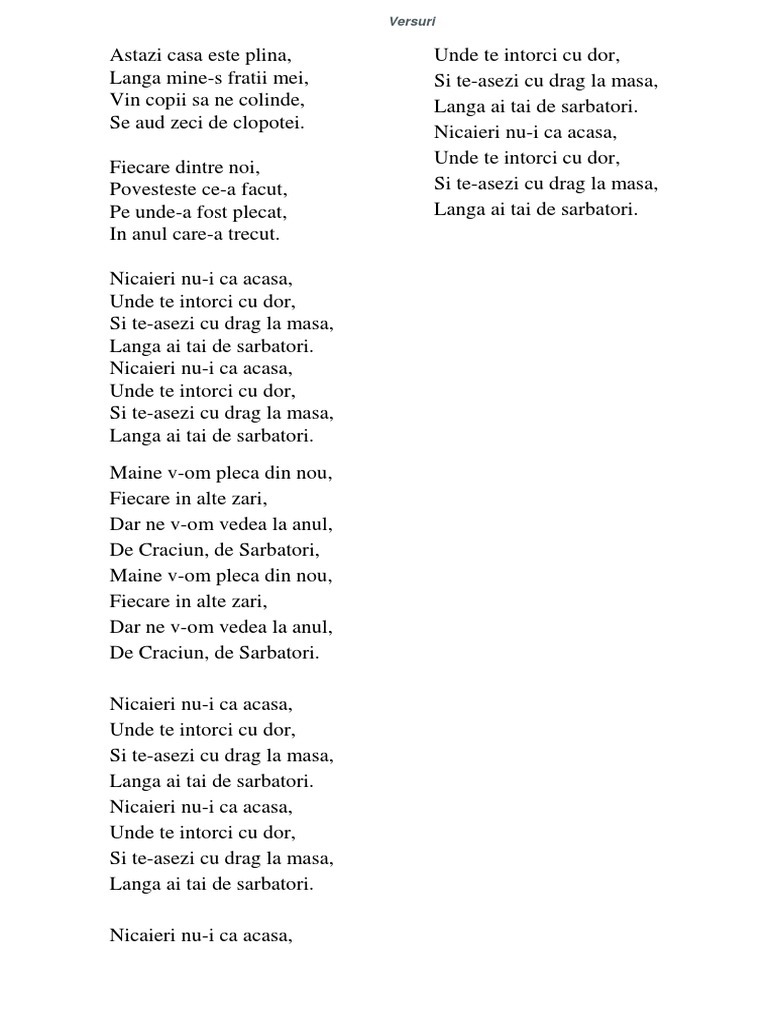 Versuri NicÄƒieri Nu I Ca AcasÄƒ Docx