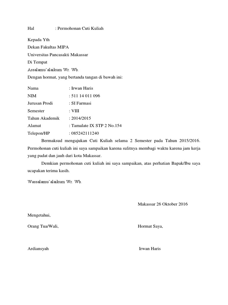 Contoh Surat Permohonan Surat Permohonan Cuti Kuliah Dari Orang Tua