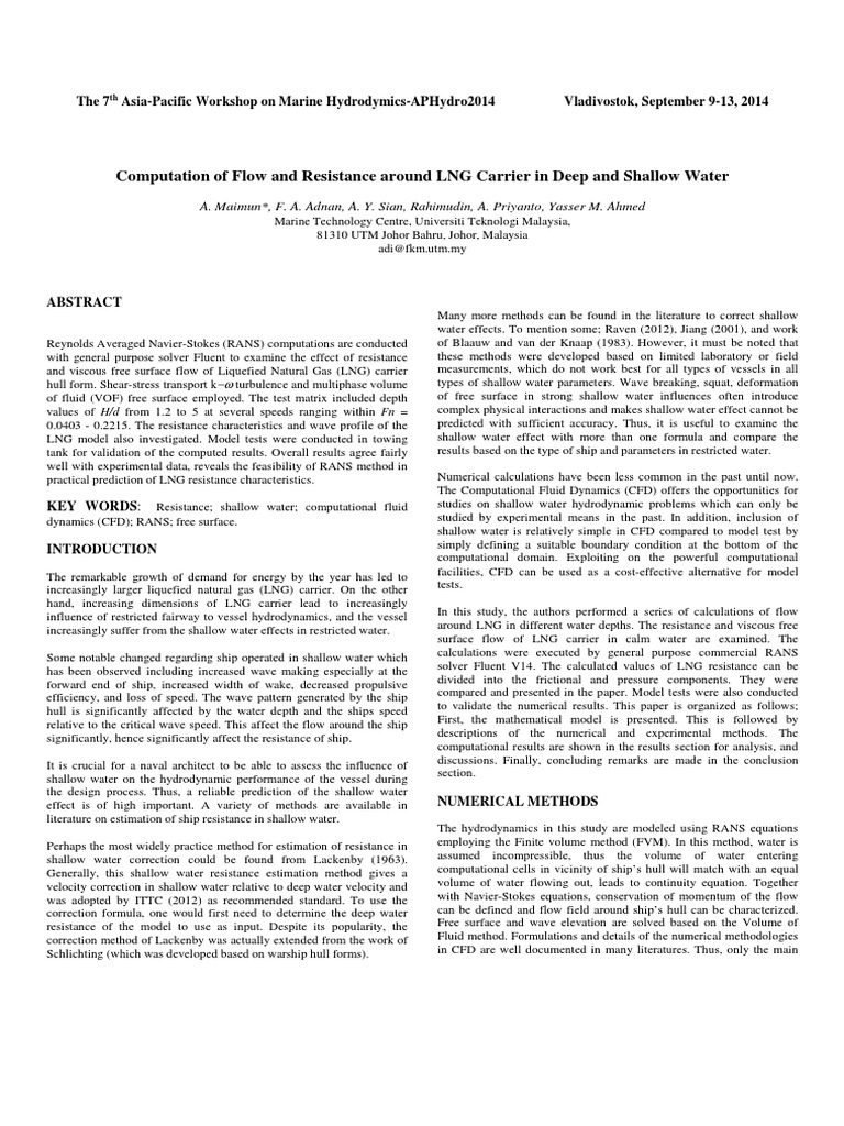 Computation of Flow and Resistance Around LNG Carrier in Deep and ...