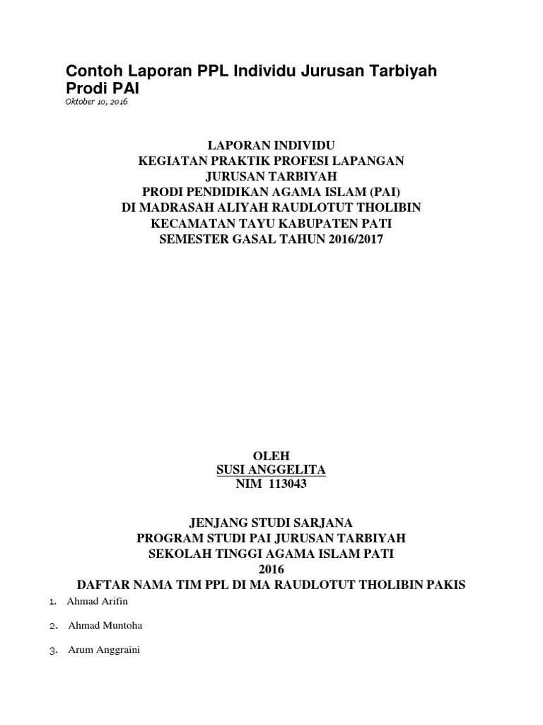 Contoh Laporan Ppl Individu Jurusan Tarbiyah Prodi Pai Docx