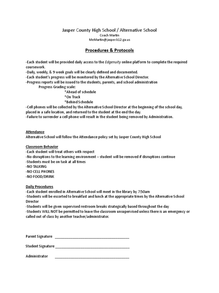 Jasper County High School / Alternative School: Procedures & Protocols ...
