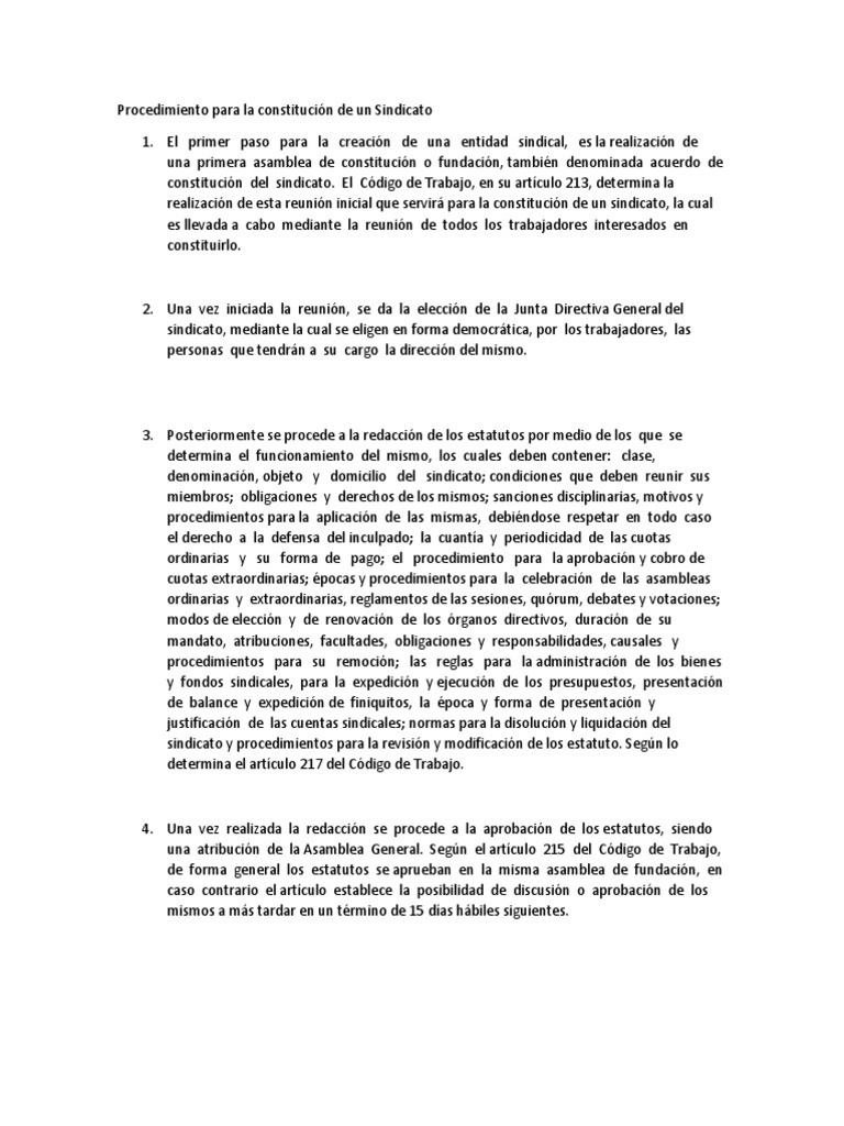 Procedimiento para constituir un sindicato | PDF | Sindicato ...