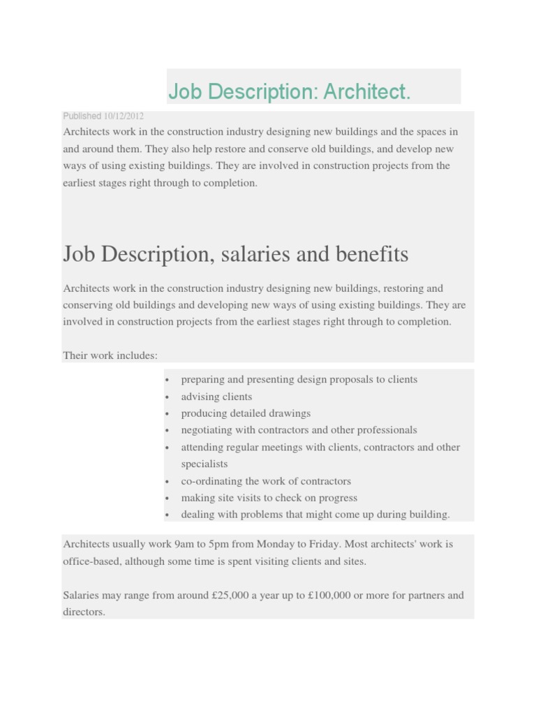 Job Description, Salaries and Benefits PDF Architect Business