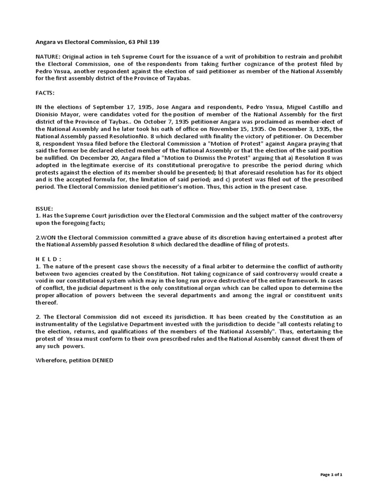 Angara Vs Electoral Commission | PDF | Nullification (U.S. Constitution ...