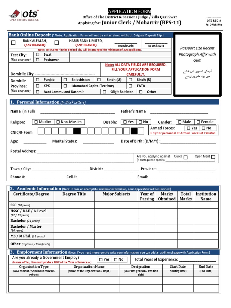 Junior Clerk BPS-11 Application Form | PDF | Government | Business