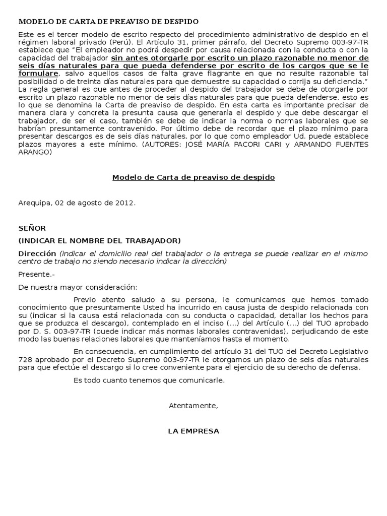 Modelo de Carta de Preaviso de Despido  Derecho laboral  Regulación