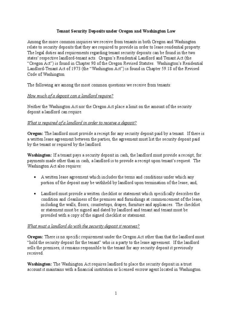 Tenant Security Deposits Under Oregon and Washington Law PDF