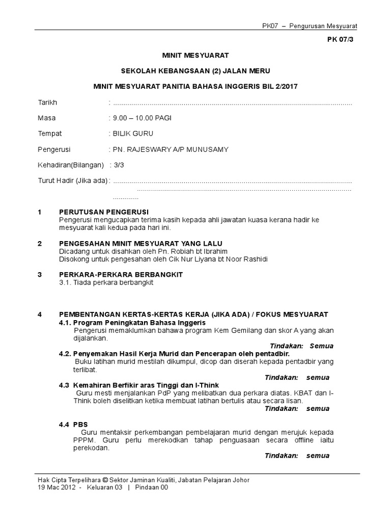 Borang Pk 07 3 Contoh Format Minit Mesyuarat