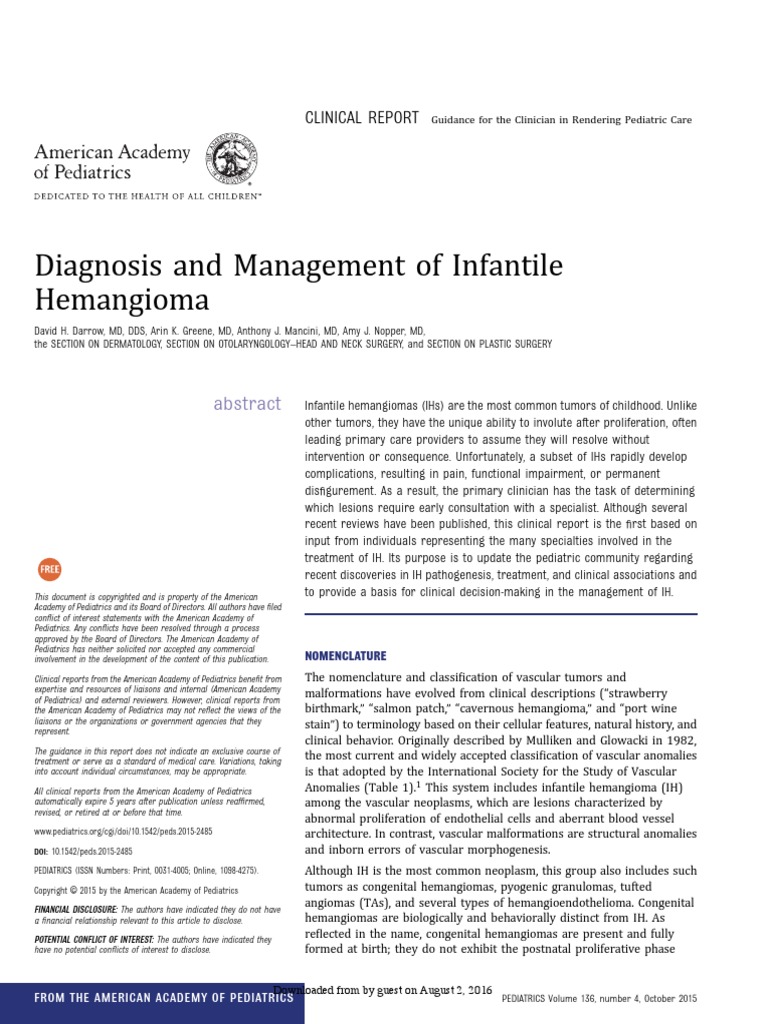 Diagnosis and Management of Infantile Hemangioma | PDF | Angiogenesis ...