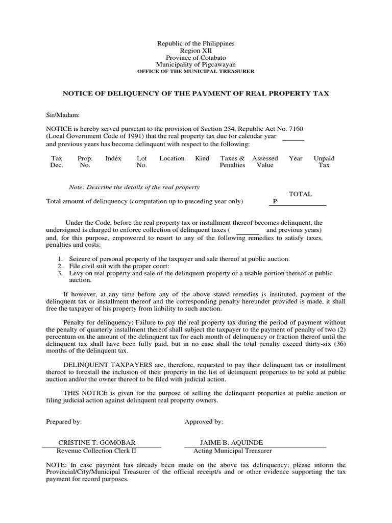 Notice of Delinquency of Real Property Taxes for Pigcawayan
