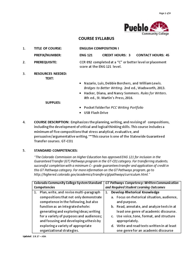 ENG 121 Course Syllabus Overview | PDF | Essays | Critical Thinking
