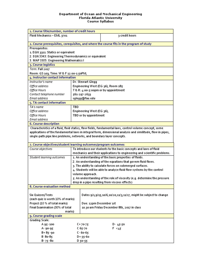Fluid Mechanics Syllabus - EML 3701 | PDF | Fluid Dynamics | Fluid ...