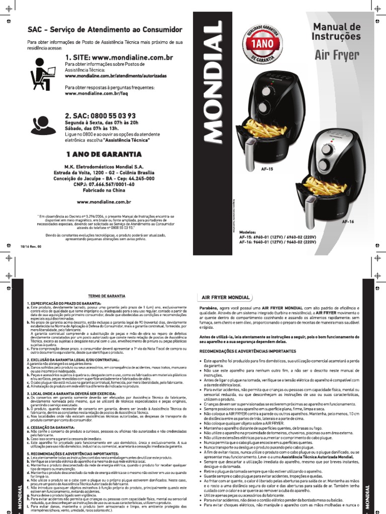 Manual Air Fryer Mondial Af15 e Af16 10.15 Rev. 00 Impressão