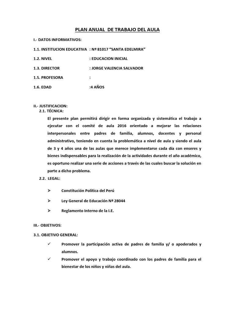 Plan Anual de Trabajo Del Aula | PDF | Salón de clases | Educación de ...