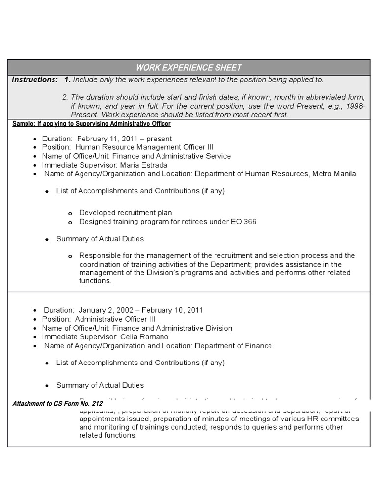 Pds work experience sheet pdf